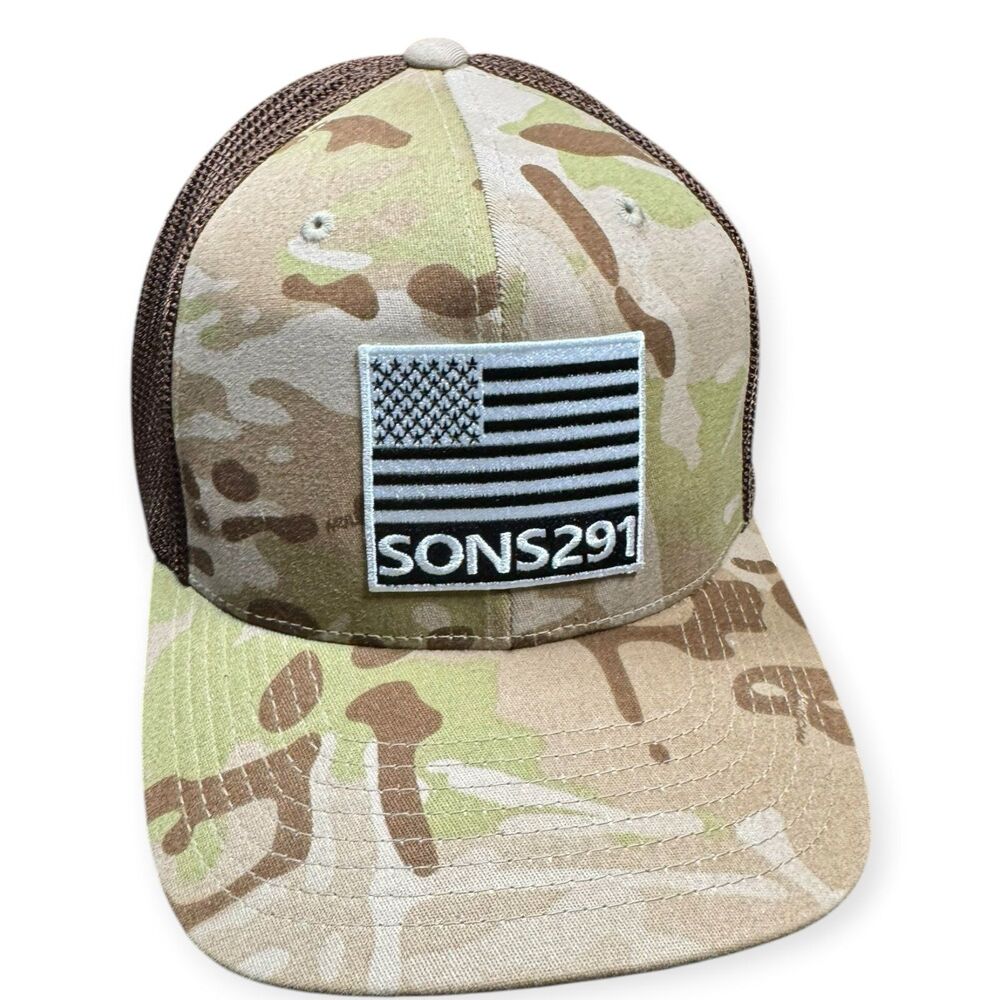 Flexfit Sons 291 Camo Hat Mesh Back OSFM Army Theme USA Flag Cap Brown